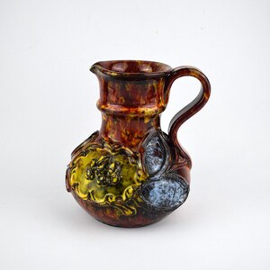 Vintage West German Raised Flower Mottled Glaze Jug Vase - Retro 70s Orange Yellow Blue Fat Lava Glaze Floral Pottery