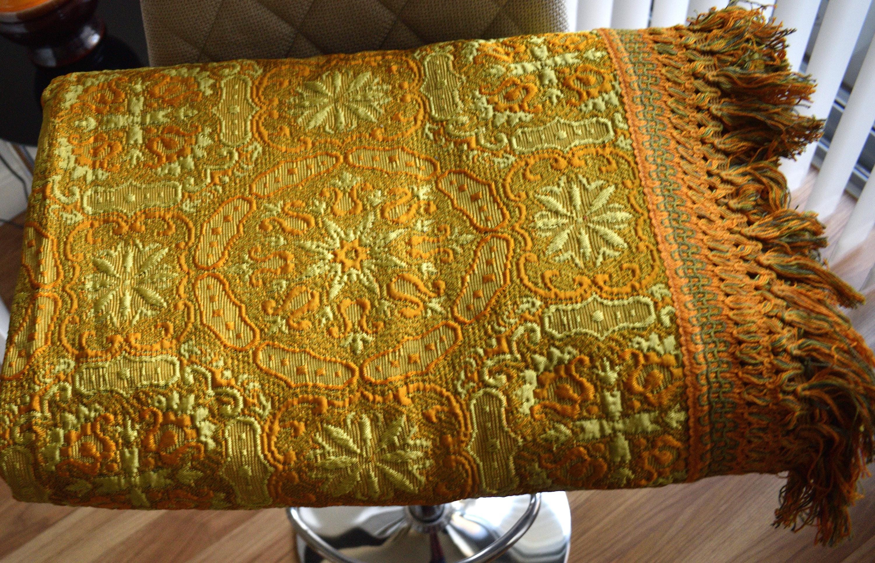 Vintage Orange Art Nouveau Inspired Bedspread - Retro Abstract Floral Yellow Gold Tapestry Coverlet - New!