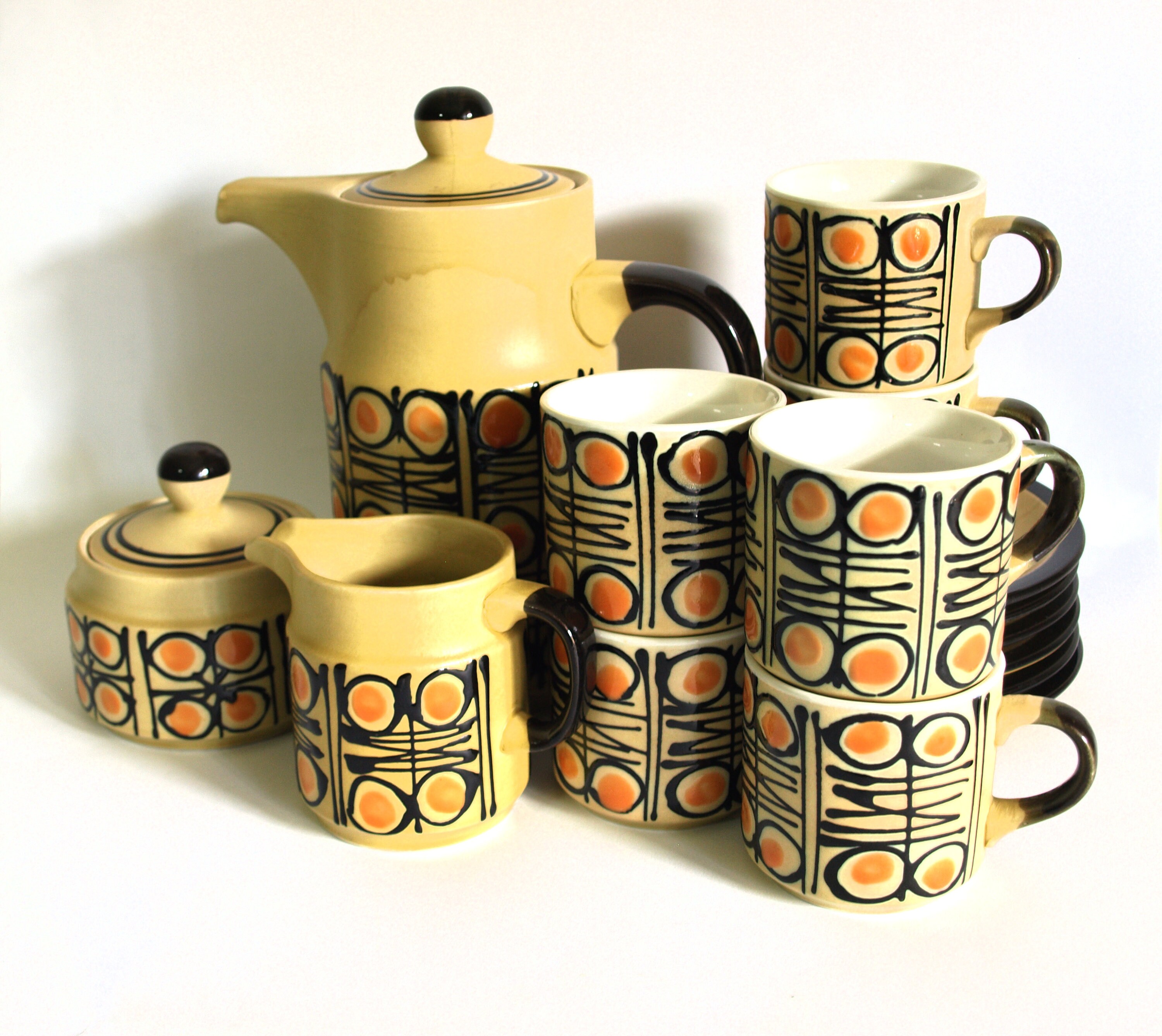 Mod Orange Black Coffee Pot Set Vintage 