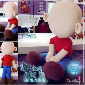 May include: A plush doll with a large head, wearing a red shirt, blue pants, and brown shoes. The doll is sitting with its legs extended. The image includes the text "Sitting Plush Sewing Pattern".