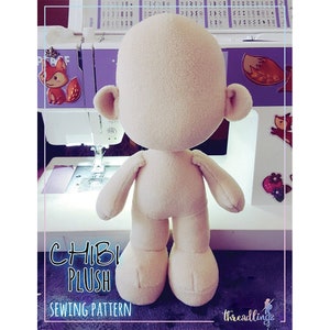 May include: A beige plush doll with a rounded head, ears, arms, and legs. The doll is standing in front of a sewing machine. The text "CHIBI PLUSH SEWING PATTERN" is displayed at the bottom of the image.