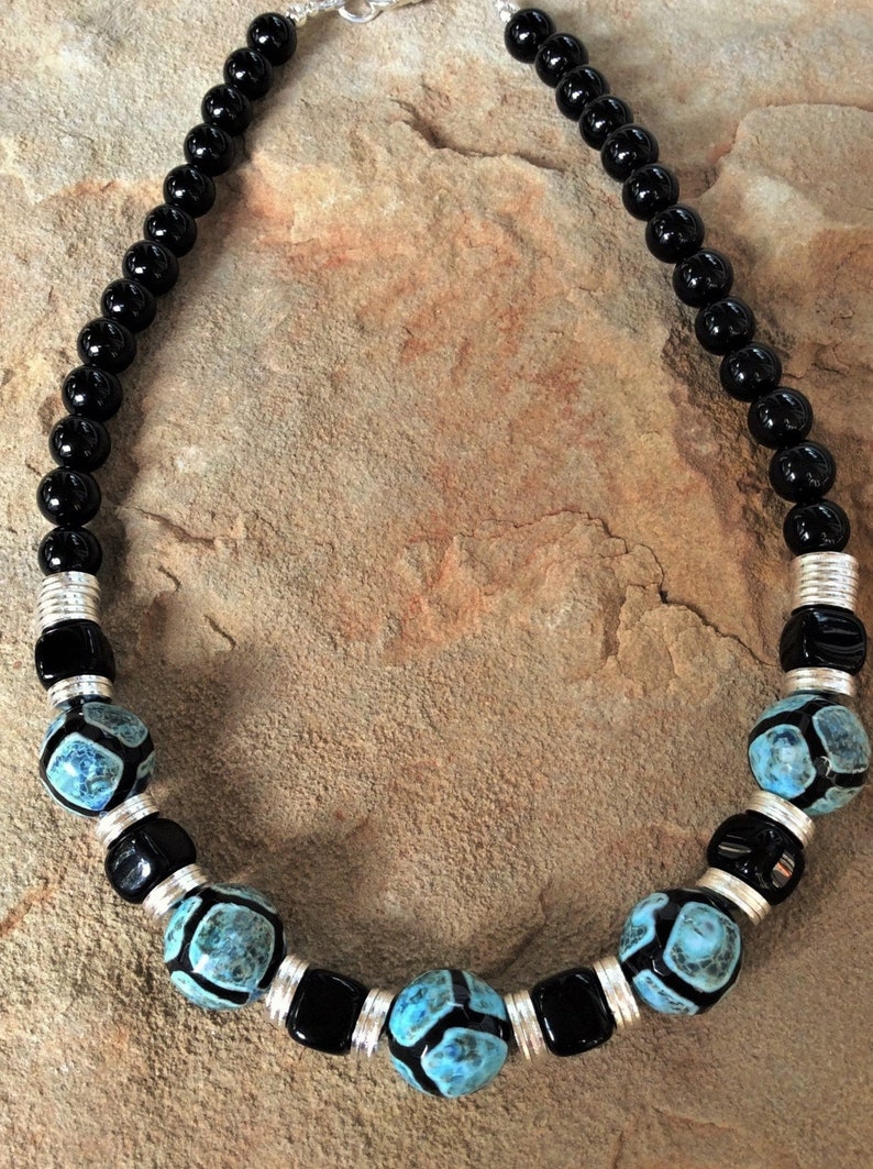 Handmade Gemstone Necklace Tribal Necklace Cracked Agate Giraffe Pattern Sterling Silver Onyx Jewelry