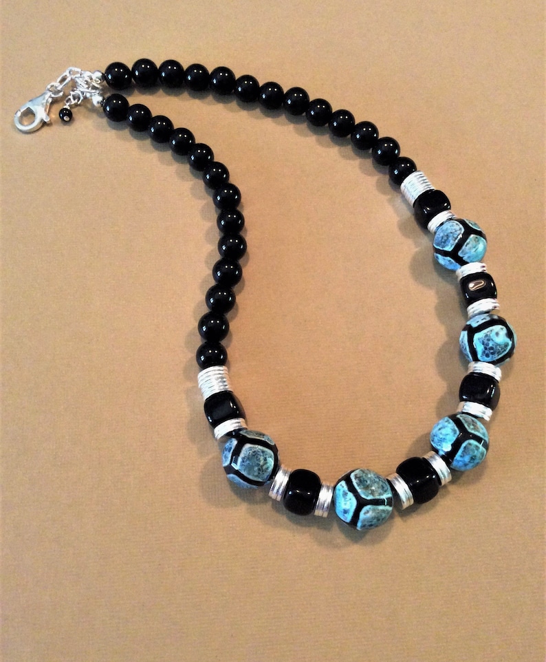 Handmade Gemstone Necklace Tribal Necklace Cracked Agate Giraffe Pattern Sterling Silver Onyx Jewelry
