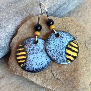 Yikes... Bees!!!   Onyx, Sterling Silver, Artisan Dangles, Enamel Earrings, Nature Themed Earrings, Whimsical, Handmade