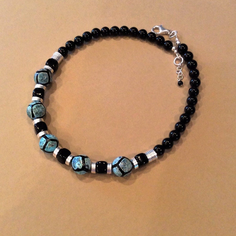 Handmade Gemstone Necklace Tribal Necklace Cracked Agate Giraffe Pattern Sterling Silver Onyx Jewelry