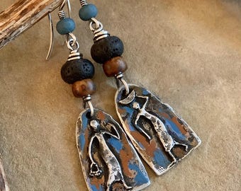 Bohemian Earrings, Rustic Earrings, Handmade Dangles, Hand Painted, Tribal Jewelry, OOAK