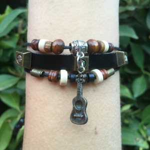 Mens Leather Bracelet - Boyfriend Gift - Teen Charm Bracelet - Teen Boy Gift - Bracelet - Wrap Bracelet - Rope Bracelet - Guitar Bracelet