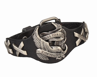 Handmade Leather Motorcycle Eagle Bracelet - Harley Davidson Style Pendant - Mens Punk Bracelet - Mens Buckle Bracelet - 5 Seconds of Summer