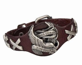 Handmade Leather Eagle Motorcycle Bracelet - Harley Davidson Style Pendant - Mens Bracelet - Buckle Biker Bracelet - Boyfriend Gift - 5sos