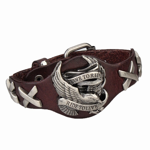 Handmade Leather Eagle Motorcycle Bracelet - Harley Davidson Style Pendant - Mens Bracelet - Buckle Biker Bracelet - Boyfriend Gift - 5sos