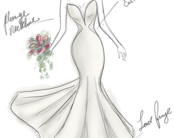 Custom Wedding Dress Sketch Bridal Gown Design Wedding Dress Wall Art Customizable Wedding Gift Bride Gift Bridal Shower Gift For Her
