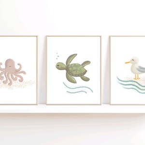 Illustration of sea turtle, octopus and sea gull in 3 wood frames sitting on a white shelf