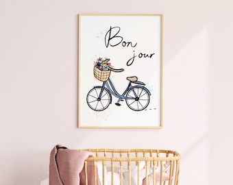 Bon Jour Banana Bike Artwork Paris Nursery Art Beach Cruiser Flower Basket Wall Art Paris Print Nursery Paris Theme Decor Paris Inspired