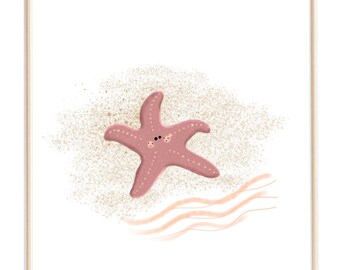 May include: A pink starfish with a cute face is on a beige background with a light pink wave design. The starfish is in a framed print.