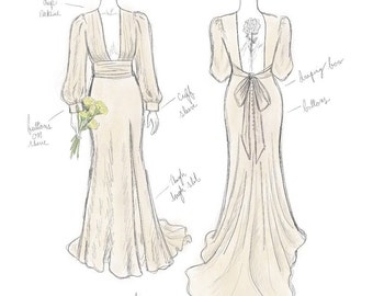 May include: A hand-drawn illustration of a wedding dress with a deep V-neckline, long sleeves with button details, a flowing train, and a high slit. The back of the dress features a draping bow and buttons.