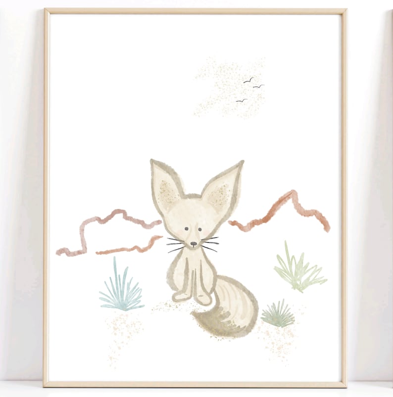 Desert Fox illustration in pastels with desert plants and desert mountainoutline
