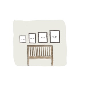 May include: A white wall with four framed pictures above a brown crib. The pictures are labeled with their dimensions: 8x14, 12x18, 16x20, and 18x24.