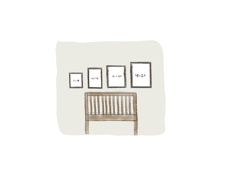 May include: A white wall with four framed pictures above a brown crib. The pictures are labeled with their dimensions: 8x14, 12x18, 16x20, and 18x24.