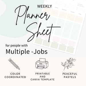 May include: A weekly planner sheet template featuring the text Weekly Planner Sheet for people with Multiple-Jobs. The document includes sections for work and personal priorities, color-coordinated columns, and icons for a pencil, printer, and leaves.