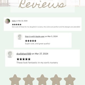 May include: Five-star reviews for a set of nursery prints. The reviews highlight the colors, designs, and quality of the prints. The text reads "Got a set of these for my daughter's nursery, the colors are perfect and the designs are adorable!"  "Super cute, and great quality!" and "These look fantastic in my son's nursery."