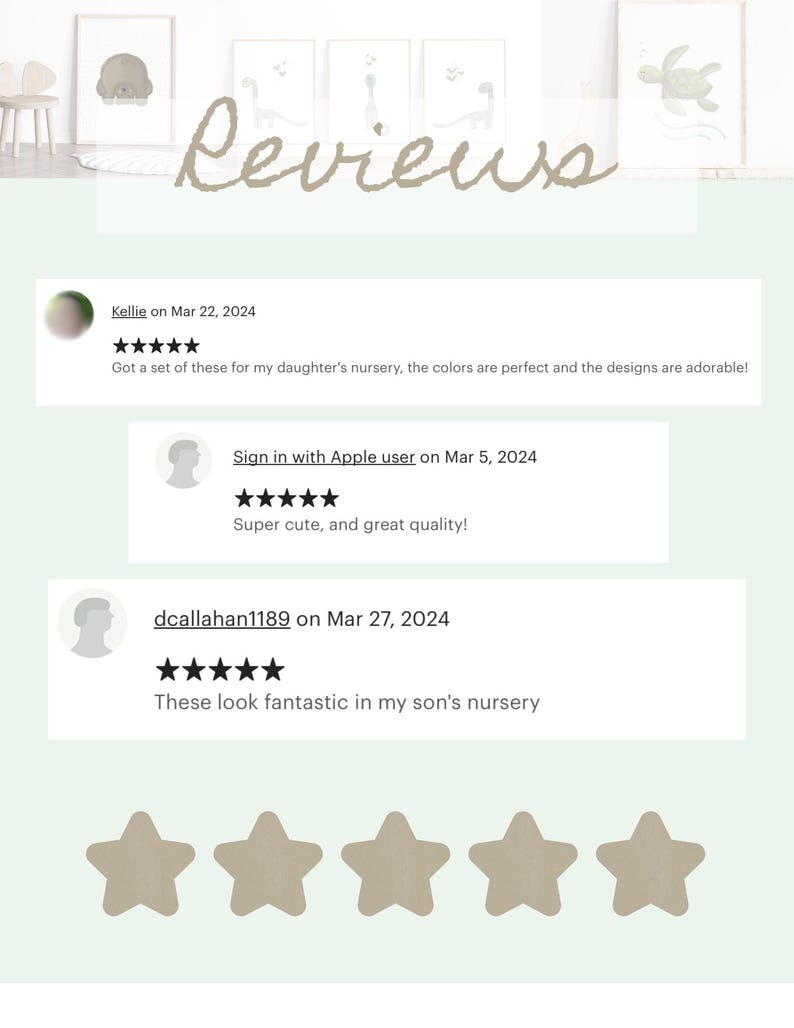May include: Five-star reviews for a set of nursery prints. The reviews highlight the colors, designs, and quality of the prints. The text reads "Got a set of these for my daughter's nursery, the colors are perfect and the designs are adorable!"  "Super cute, and great quality!" and "These look fantastic in my son's nursery."