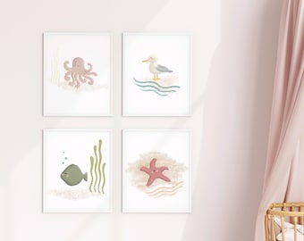 Printset zeekwekerijthema | Oceaan kwekerij deco roze oceaan kwekerij zee leven kwekerij muur kunst nautische kwekerij jongen strand kwekerij decor