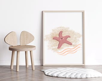 May include: A pink starfish with a smiling face is on a beige background with pink and white wavy lines. The starfish is surrounded by a light brown, textured area that resembles sand.