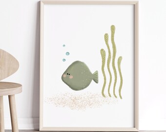 May include: A green fish with a cute face swims near a patch of green seaweed. The fish is surrounded by small blue bubbles. The image is set against a white background.