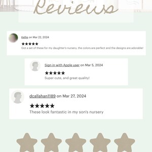 May include: Five-star reviews for a set of nursery prints. The reviews highlight the colors, designs, and quality of the prints. The text reads "Got a set of these for my daughter's nursery, the colors are perfect and the designs are adorable!"  "Super cute, and great quality!" and "These look fantastic in my son's nursery."