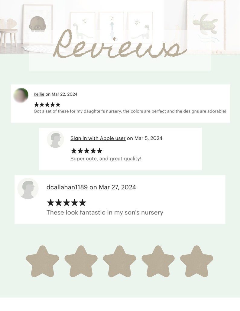 May include: Five-star reviews for a set of nursery prints. The reviews highlight the colors, designs, and quality of the prints. The text reads "Got a set of these for my daughter's nursery, the colors are perfect and the designs are adorable!"  "Super cute, and great quality!" and "These look fantastic in my son's nursery."
