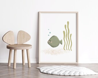 May include: A framed illustration of a green fish swimming in the ocean with green seaweed. The fish has a small mouth and large eyes. There are small blue bubbles around the fish.