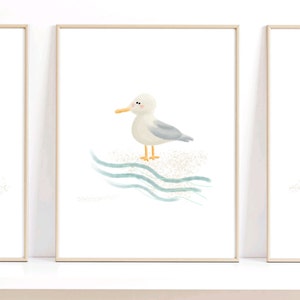Decoración de guardería con temática oceánica, arte de pared para guardería náutica, habitación de bebé con diseño de gaviota, playa, impresiones para guardería bajo el mar, habitación de bebé de género neutro, regalo para baby shower