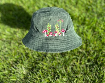 Mushroom Embroidered Bucket Hat Mushroom Corduroy Hat Green Hat Embroidered Festival Hat Accessory Rave Mushroom Hat Cute for Teen Gift