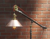 New articulating pulley floor lamp Copper shade, Antique brass finish E 26 SOCKET UL LISTED- Wood reclaim base,Edison Bulbs