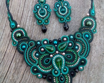 Soutache Statement Aquamarine Set, collier noir vert, boucles d’oreilles pendantes, broderie Soutache, bijoux orientaux, cadeau de fête des mères