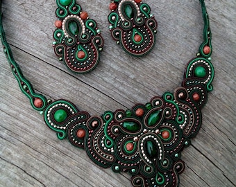 Soutache Statement Oriental Set, Soutache Green Necklace, Soutache Green Earrings, Hand Embroidered Soutache Jewelry, Statement Jewelry