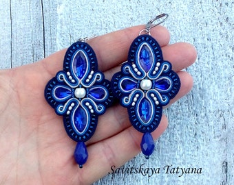 Long blue soutache earrings, embroidered kundan textile earrings, dark blue jewelry, statement everyday turkish earrings