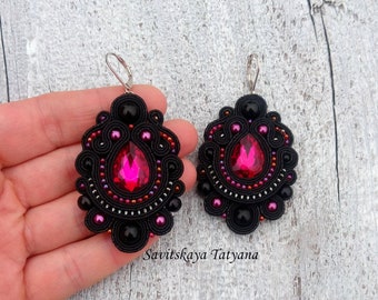 Black fuchsia soutache earrings, embroidered kundan textile earrings, magenta jewelry, statement everyday turkish earrings