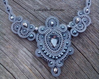 Soutache Gray Silver Necklace, statement victorian textile necklace, medieval jewelry, soutache indian jewelry