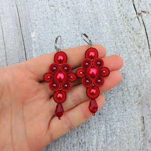 Red romantic soutache earrings, embroidered kundan earrings, red jewelry, statement everyday turkish earrings