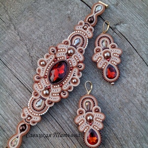Royal Beige brown Sparkling Soutache Set - Beige brown Bracelet - Long Beige brown Earrings - Beige brown Soutache - Beige brown Jewelry