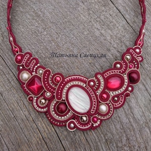 Soutache asymmetrical red beige gold necklace, statement victorian textile necklace, medieval jewelry, soutache indian jewelry