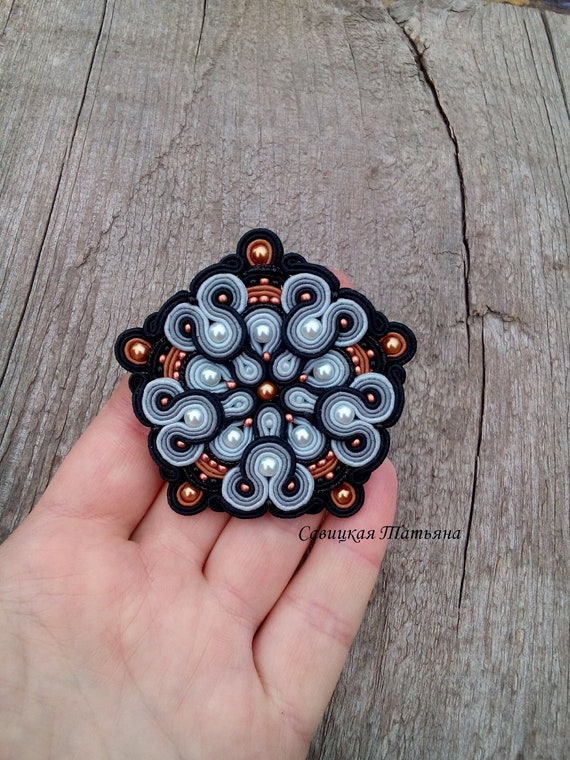 Gray Black Gold Soutache Order Brooch Embroidered Textile Etsy UK