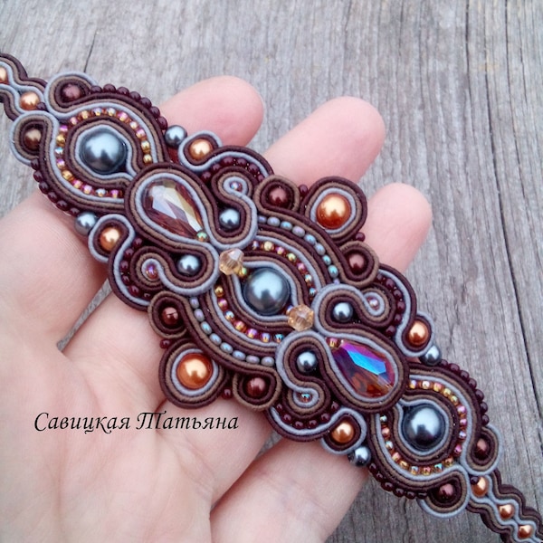 Élégant bracelet Soutache en or gris brun - Soutache en or brun - Bijoux en or brun