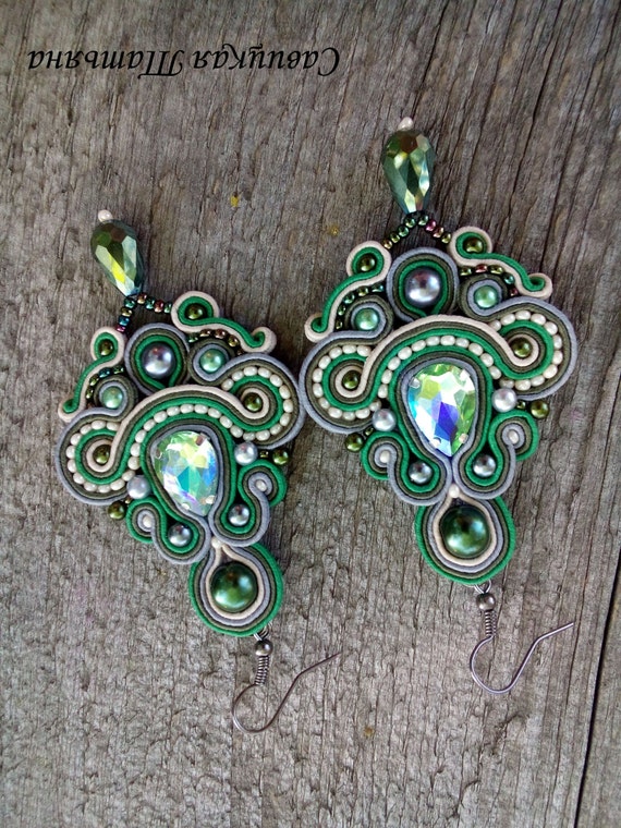 Unique Glamour Green Long Earrings Statement Soutache Etsy