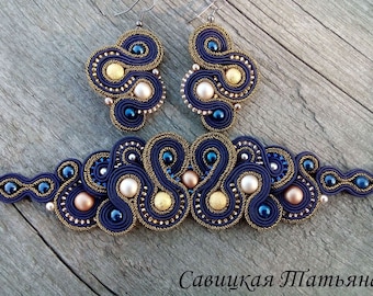 Conjunto único de Soutache de oro azul, pulsera de Soutache, pendientes de Soutache, joyas bordadas a mano únicas, joyas de Soutache
