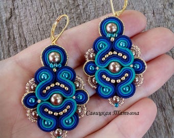 Blaue Aquamarin Gold Soutache Ohrringe, alltägliche türkische Ohrringe, bestickte Kundan Textil Ohrringe