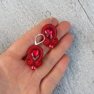 Red soutache  earrings, small dangle boho chic earrings, hand embroidered red jewelry, oriental crystal earrings