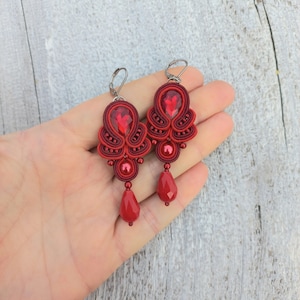 Red long soutache earrings, embroidered kundan textile earrings, red jewelry, statement everyday turkish earrings