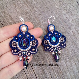 Blue beige soutache earrings, embroidered kundan textile earrings, blue jewelry, statement everyday turkish earrings